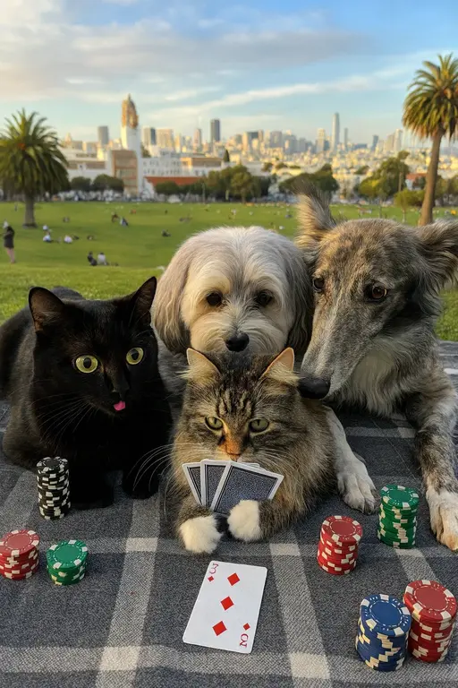 Cats and dogs playing poker in a park, photorealistic