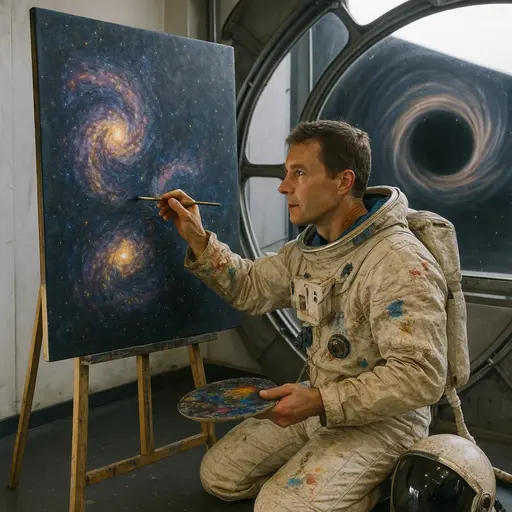 Astronaut painting galaxies on a floating canvas in space station