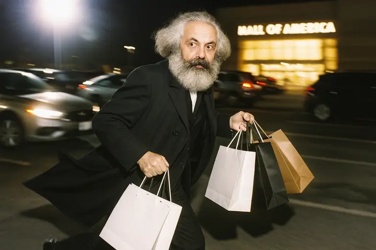 Karl Marx with shopping bags in paparazzi-style photo