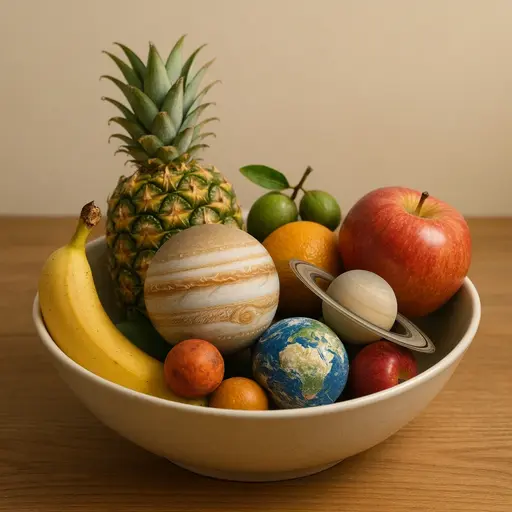 Fruit bowl with miniature planets mixed among fruits